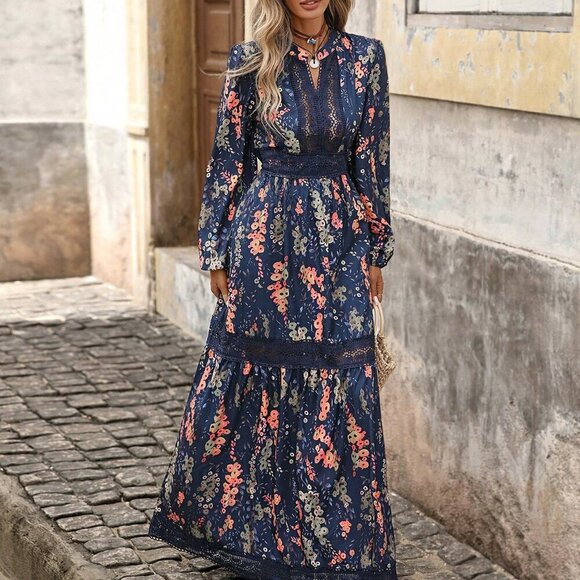 Multicolor Boho Women's Lace Splice Long Sleeve Cinched Waist maxi dress - Picture 1 of 7